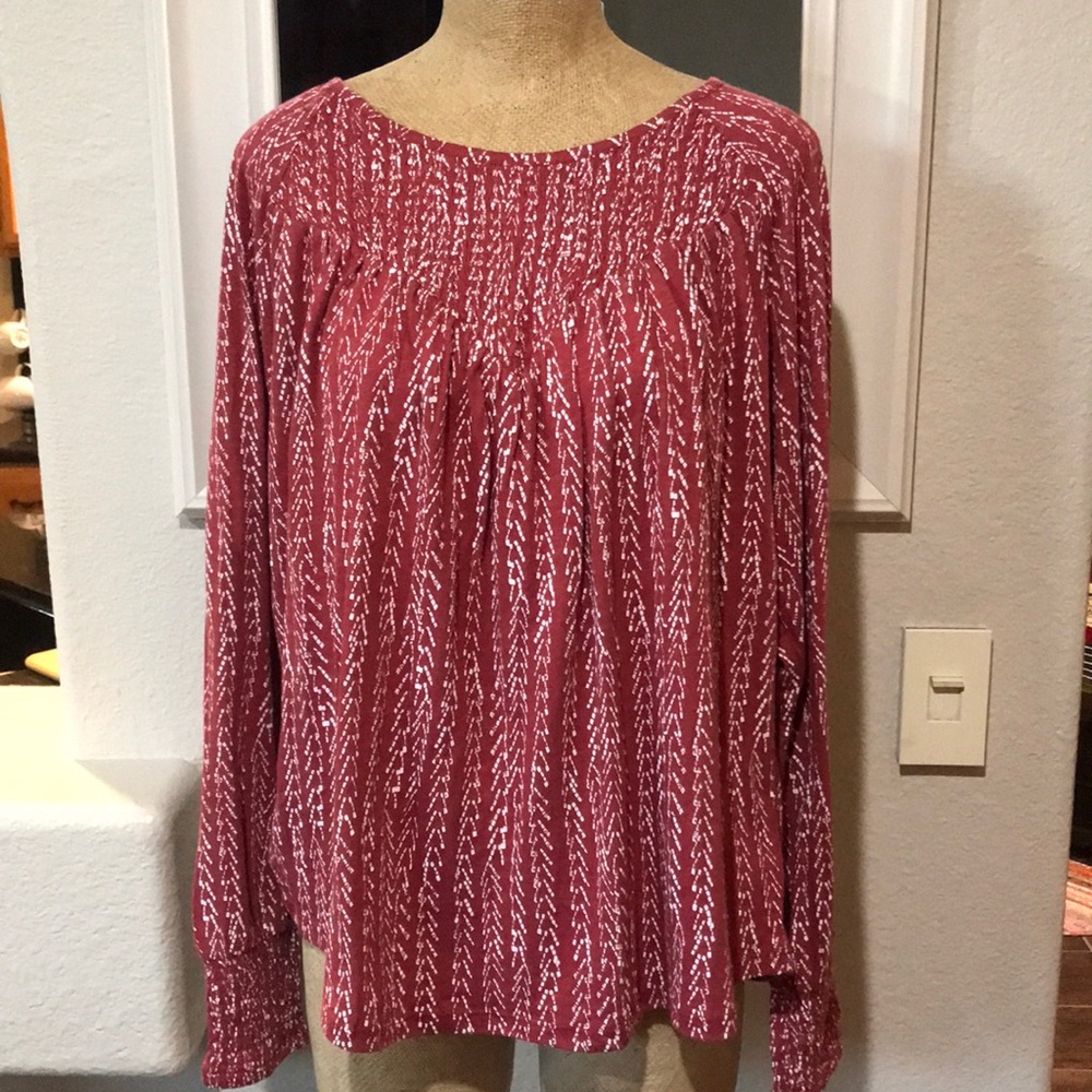 Lucky Brand Top Red Rust Long Sleeve Cotton Smocked Peasant Casual Sz Large Boho